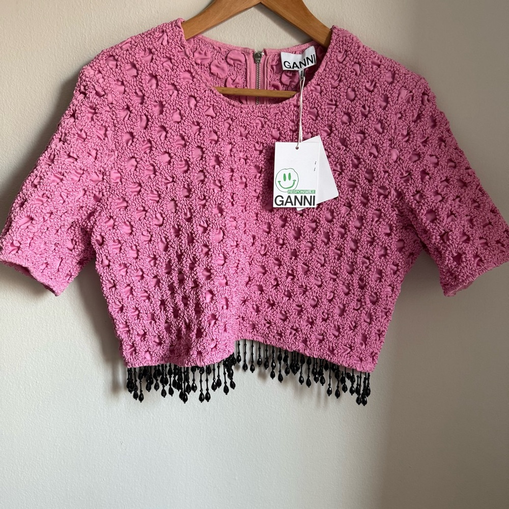 GANNI New Pink Textured Smocked Crop Top Size 44 Beaded Fringe Hem Back Zip